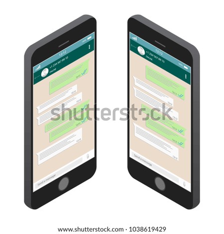 Isometric Social network concept. Blank template. Chatting and messaging. SMS messages sending. Vector modern chatting window. Chating and messaging concept. Isometric Vector.