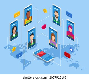 Isometric Social Network Concept. Chatting Mobile Application. Management, Consulting and Marketing.
