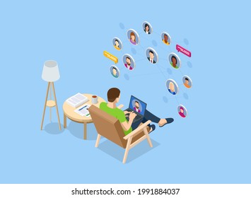 Isometric social network concept. Man laptop using ,Social, media, Marketing concept. Online messaging service. Chatting mobile application