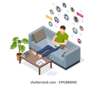 Isometric social network concept. Man laptop using ,Social, media, Marketing concept. Online messaging service. Chatting mobile application