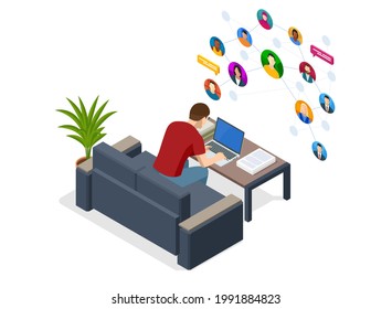 Concepto de red social isométrica. Portátil masculino usando, social, media, concepto de marketing. Servicio de mensajería en línea. Aplicación móvil de mensajería
