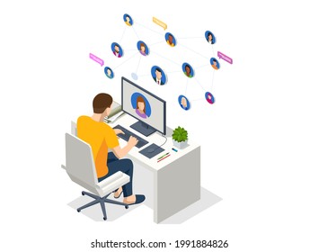 Concepto de red social isométrica. Portátil masculino usando, social, media, concepto de marketing. Servicio de mensajería en línea. Aplicación móvil de mensajería