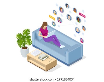 Isometric social network concept. Woman laptop using ,Social, media, Marketing concept. Online messaging service. Chatting mobile application
