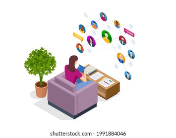 Isometric social network concept. Woman laptop using ,Social, media, Marketing concept. Online messaging service. Chatting mobile application