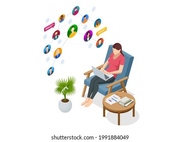 Isometric social network concept. Woman laptop using ,Social, media, Marketing concept. Online messaging service. Chatting mobile application