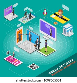 Isometric social network. Growth background with person lines mobile computer tablet
 and laptop, circles and integrate flat icons. Connected symbols for business digital, interactive, market, connect
