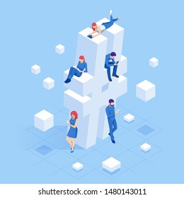 Isometric social network hashtag or hashtag blogging, Concept of hashtag for social media marketing advertising concept. Young people using mobile tablets and smartphones for sending posts and sharing