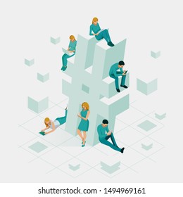 Isometric social network hashtag or hashtag blogging, Concept of hashtag for social media marketing advertising concept. Young people using mobile tablets and smartphones for sending posts and sharing