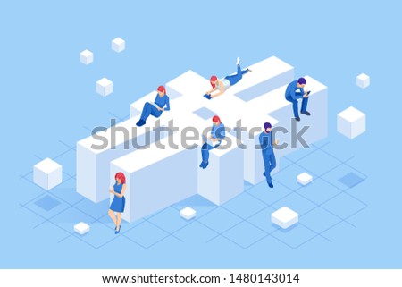 Isometric social network hashtag or hashtag blogging, Concept of hashtag for social media marketing advertising concept. Young people using mobile tablets and smartphones for sending posts and sharing