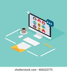 Isometric Social Network Vector Concept. Running campaign, email advertising, direct digital marketing. Set of people avatars and icons. Flat design style modern vector illustration concept.