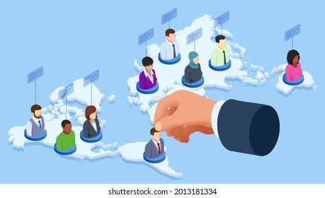 Isometric Social Network Web Site Surfing Concept. Global Communication Around the World, Remote Work.