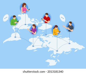 Isometric Social Network Web Site Surfing Concept. Global Communication Around the World, Remote Work.