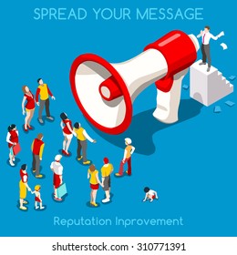 Isometric Social Web Megaphone Promotion Audience Business Leader People Isometric loudspeaker 3D Icon Communication Marketing Audience Businessman People Megaphone loudspeaker Target Marketing Vector