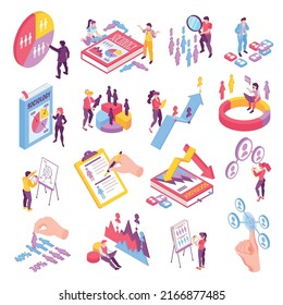 Isometric sociologist set with people answering questionnaires isolated vector illustration