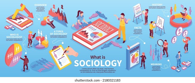 Isometric sociology infographics with statistic polls charts and public presentation vector illustration