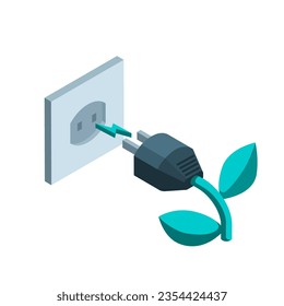 isometric socket and plug icon and a wire in the form of a plant with leaves in color on a white background, green energy or connection to clean energy