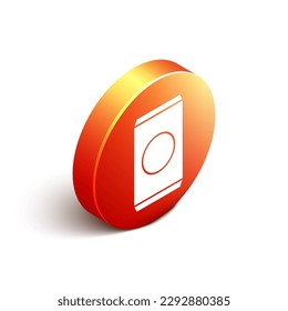 Isometric Soda can with drinking straw icon isolated on white background. Orange circle button. Vector Illustration