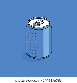 Isometric soda can illustration. Blue color background. web element, backdrop, bottle template.