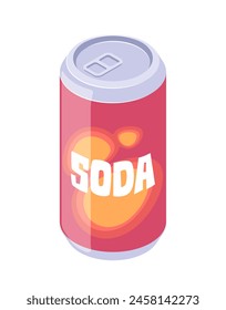 An isometric soda can on a white background, with an emphasis on refreshment and beverage design. Vector illustration isolated on white background