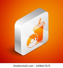 Isometric Soda drink with drinking straw and donut icon isolated on orange background. Fast food symbol. Silver square button. Vector Illustration
