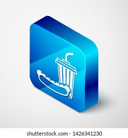 Isometric Soda and hotdog icon isolated on white background. Fast food symbol. Blue square button. Vector Illustration
