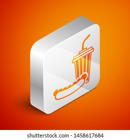 Isometric Soda and hotdog icon isolated on orange background. Fast food symbol. Silver square button. Vector Illustration