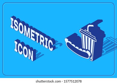 Isometric Soda and hotdog icon isolated on blue background. Fast food symbol.  Vector Illustration