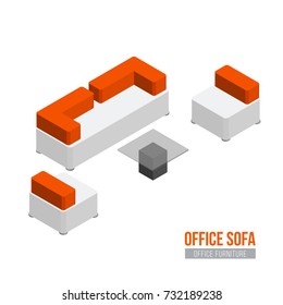 Isometric sofa, armchair and coffee table. Vector office furniture and equipment
