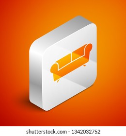 Isometric Sofa icon isolated on orange background. Silver square button. Vector Illustration