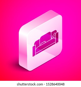 Isometric Sofa icon isolated on pink background. Silver square button. Vector Illustration