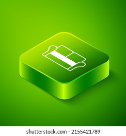Isometric Sofa icon isolated on green background. Green square button. Vector
