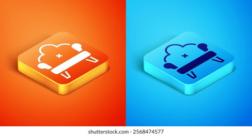 Isometric Sofa icon isolated on orange and blue background.  Vector