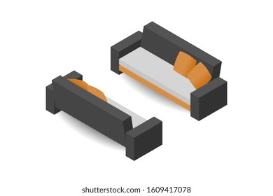 Isometric sofa set isolated on white background. Realistic 3d sofa,  furniture office. Modern interior element of living room. Vector illustration design.
