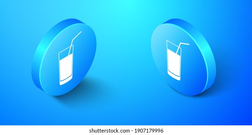 Isometric Soft icono de bebida aislado en fondo azul. Botón de círculo azul. Vector.