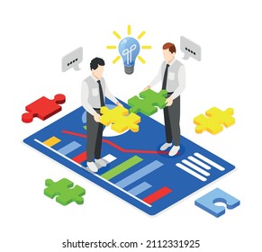 Isometric soft skills composition with two human characters solving business problem doing puzzles 3d vector illustration