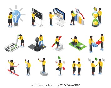 Isometric soft skills set with teamwork empathy communication flexibility creativity 3d isolated vector illustration