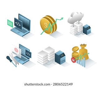 Isometric Software Development Cloud Infrastructure and Financial Technology Business Icon Set