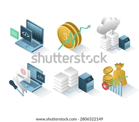 Isometric Software Development Cloud Infrastructure and Financial Technology Business Icon Set