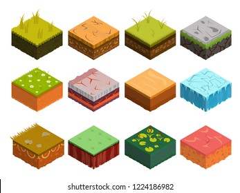 Isometric Soil Layers diagram. Cross section of green grass and underground soil layers beneath. The stratum of organic, minerals, sand, clay. Isometric soil layers with top layer of green grass, ice