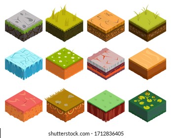 Isometric Soil Layers diagram. Cross section of green grass and underground soil layers beneath. The stratum of organic, minerals, sand, clay. Isometric soil layers with top layer of green grass, ice