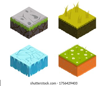 Isometric Soil Layers diagram. Cross section of green grass and underground soil layers beneath. The stratum of organic, minerals, sand, clay. Isometric soil layers with top layer of green grass, ice