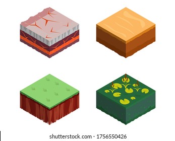 Isometric Soil Layers diagram. Cross section of green grass and underground soil layers beneath. The stratum of organic, minerals, sand, clay. Isometric soil layers with top layer of green grass, ice