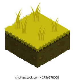 Isometric Soil Layers diagram. Cross section of green grass and underground soil layers beneath. The stratum of organic, minerals, sand, clay. Isometric soil layers with top layer of green grass, ice