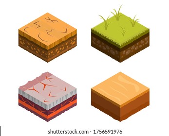 Diagramm der isometrischen Bodenschichten. Kreuzung von Grüngras und unterirdischen Bodenschichten darunter. Das Stratum organischer, mineralischer, Sand, Ton. Isometrische Bodenschichten mit oberer Schicht Grüngras, Eis