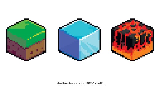 Isometric Soil Layers diagram. Pixel Art Icons. 3D Textures for 8-bit games. Set of vector pixel textures. The concept of games background. Isometric soil layers with top layer of  grass, ice, lava