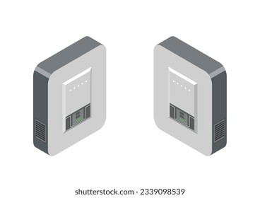 Inversor de células solares isométricas sobre fondo blanco. Ilustración vectorial.