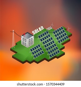 Isometric of Solar cell power plant, Clean energy, Power plant design.