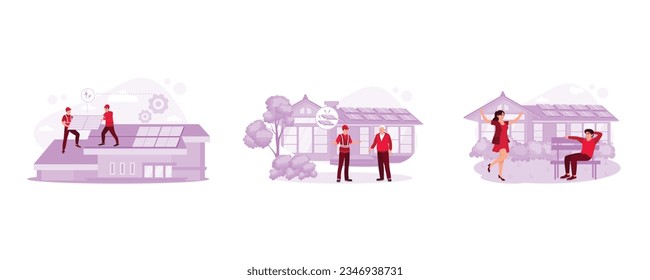 Isometric solar cell power plant roof maintenance team. Solar panels on the roof of the house. Couple in the garden of a solar panelled house. Solar panel concept. 