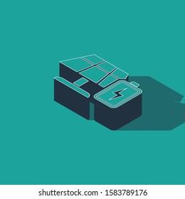 Isometric Solar energy panel and battery icon isolated on green background.  Vector Illustration