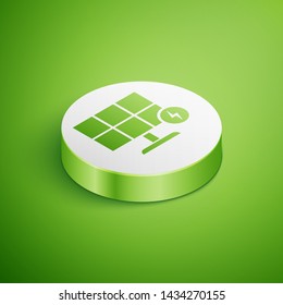 Isometric Solar energy panel icon isolated on green background. White circle button. Vector Illustration